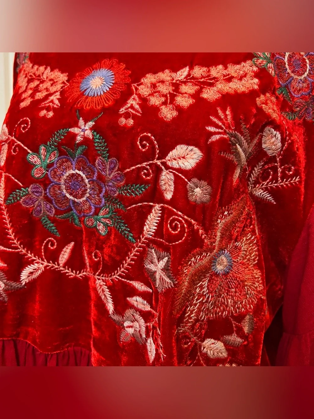 Umgee USA Womens 1XL Red Velvet Embroidered Bell 3/4 Sleeve Empire Mini Dress 1X
